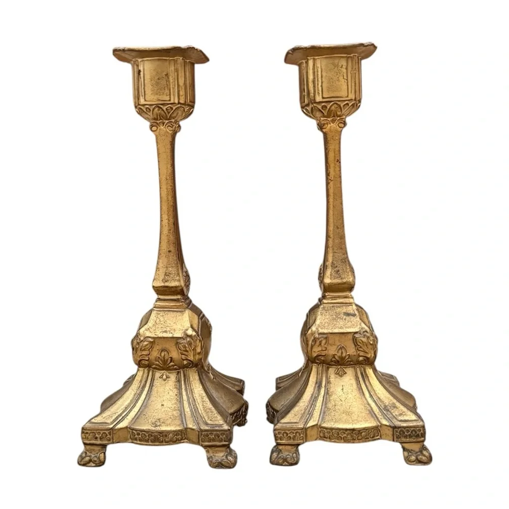 Pair Vintage Candlesticks Art Nouveau Victorian Gold Brass Candle Holders